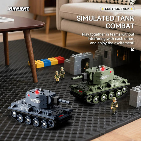 Two Player 1 To 64 RC Battle Tank Set on carpet with toy soldiers and blocks, featuring dual tanks with infrared shoot and 360-degree turret.