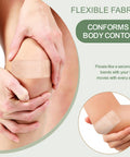 Silicone Adhesive Bandages For Fragile Skin 2x4 Inch XL Pack Of 20 on knee, showing flexible fabric conforming to skin