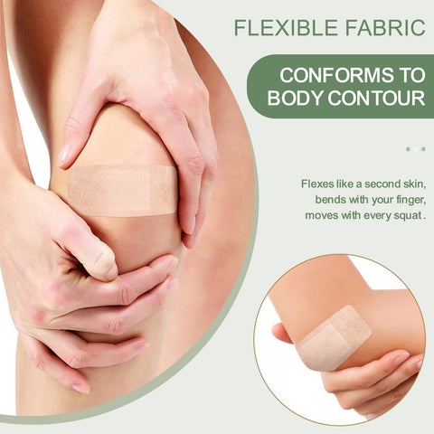 Silicone Adhesive Bandages For Fragile Skin 2x4 Inch XL Pack Of 20 on knee, showing flexible fabric conforming to skin