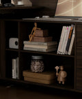 Cool L Shaped Electric Standing Desk In Dark Walnut With Smart Hutch And Built In Storage For Home Office, a shelf with books and decor.