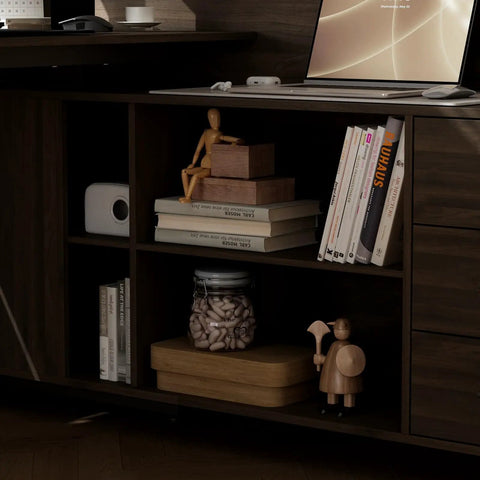 Cool L Shaped Electric Standing Desk In Dark Walnut With Smart Hutch And Built In Storage For Home Office, a shelf with books and decor.