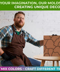 Man displaying 4 Piece Concrete Mold Set For DIY Paver Stones And Walkways, brown cobblestone pathmaker mold on table