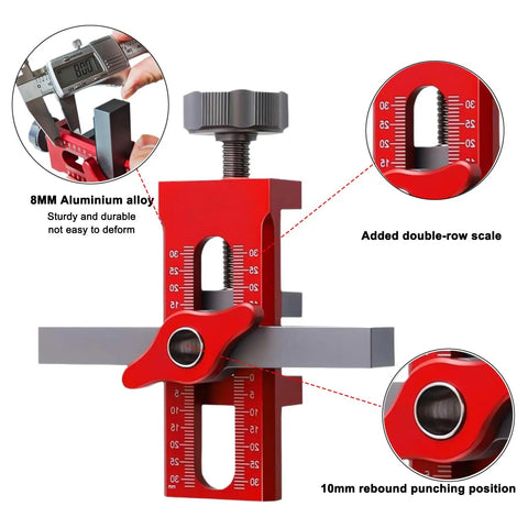 Go-To 2-In-1 Cabinet Door Installation Jig With Adjustable Positioner showing red finish and measurement scale details