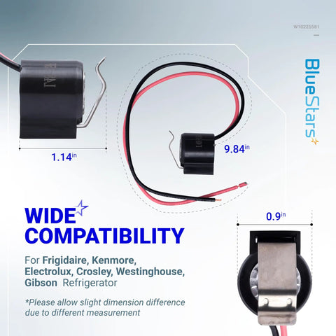 Refrigerator Bimetal Defrost Thermostat Replacement, dimensions labeled, wires shown, easy fit for Whirlpool Kenmore.