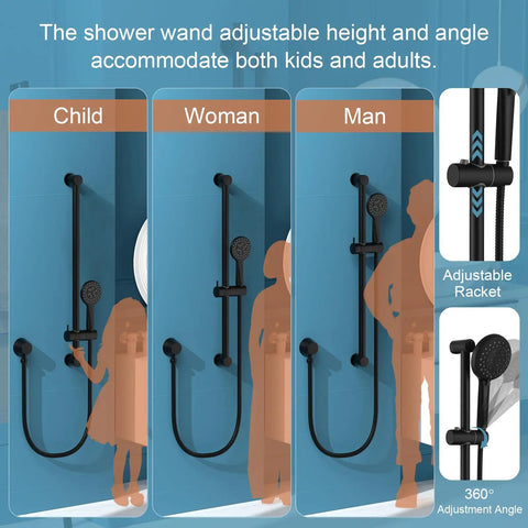 Shower Slide Bar Kit For Easy No Fuss Install, 28-Inch 304 Stainless Bar, Adjustable Kids and Adults Use, Wall Mount, Matte Black