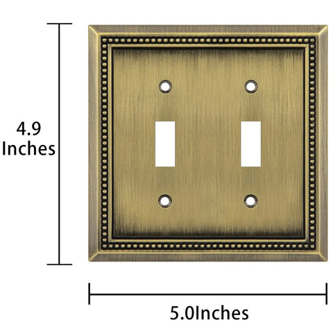 Sunken Pearls Beaded Wall Plate Cover, Heavy Duty Decorative Switch Plate Outlet Cover, Double Toggle, Antique Brass Finish, Zinc Alloy