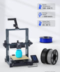 ELEGOO 3D printer with blue vase on the print bed; blue PLA filament spool and black/gray spools nearby