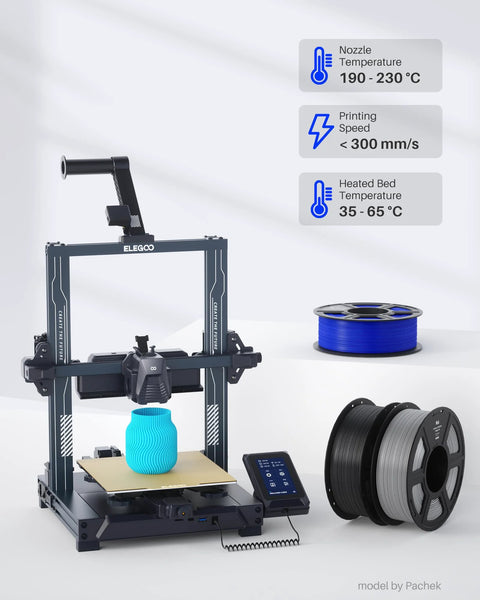 ELEGOO 3D printer with blue vase on the print bed; blue PLA filament spool and black/gray spools nearby