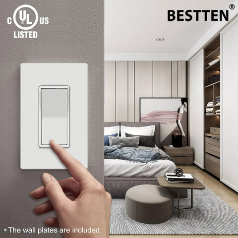 20 Pack Single Pole Decorator Light Switches With Screwless Wall Plates UL Listed 15A 120 To 277V Easy Install close-up in bedroom