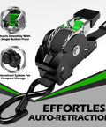 Hella Tough No Hassle Auto Retract Tie Down Straps Heavy Duty Retractable Ratchet Cargo Belt showing the auto-retract mechanism and hook.