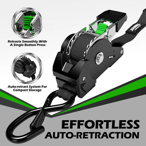 Hella Tough No Hassle Auto Retract Tie Down Straps Heavy Duty Retractable Ratchet Cargo Belt showing the auto-retract mechanism and hook.