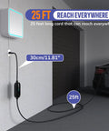 Portable Tesla Ev Charger Built For Home Level 1 And 2 Quick Charging 16 Amp 25 Foot Cable ETL certified plugged into wall with 25ft reach.