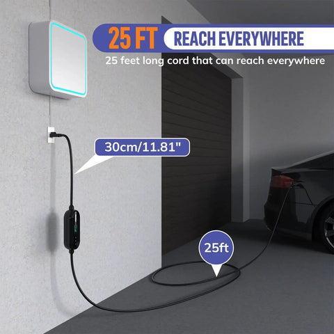Portable Tesla Ev Charger Built For Home Level 1 And 2 Quick Charging 16 Amp 25 Foot Cable ETL certified plugged into wall with 25ft reach.