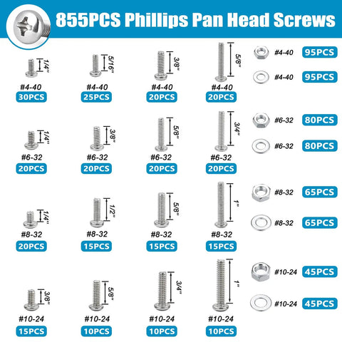 Rock Solid 1609 Piece Machine Screws Assortment Kit With Genuine 304 Stainless Steel Nuts And Bolts Phillips Pan Head Screws 855PCS