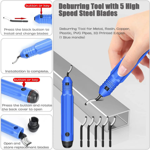 Blue ratcheting tubing cutter for copper and metal pipes, 5/16-1 1/8 in, with deburring tool.