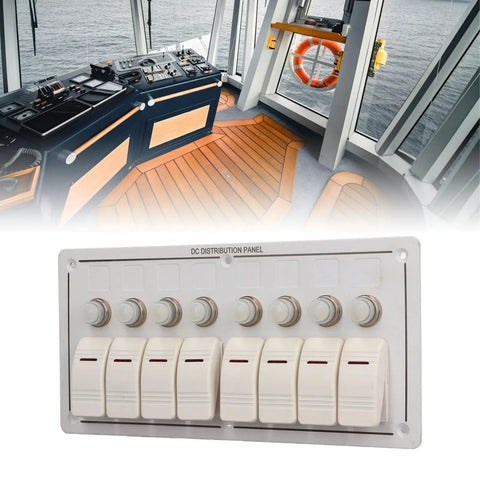 8 Gang Marine Rocker Switch Panel With Overload Protector for Boat Car RV UTV, aluminum IP65 weatherproof electrical panel.