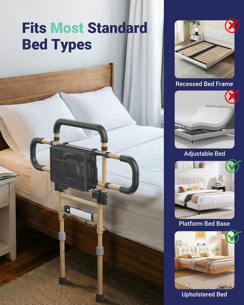 Must-Have 180-Degree Foldable Bed Rail For Seniors with adjustable height in khaki installed on a standard bed