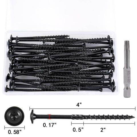 Heavy Duty Exterior Wood Screws No 14 X 4 Inch, 50 Piece Set with T30 Torx Bit, displayed in clear container