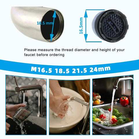 Diagram showing 12 Pack Faucet Aerator Kit With 6 Aerator Keys And A Removal Wrench, faucet sizes, and kitchen sink use example.