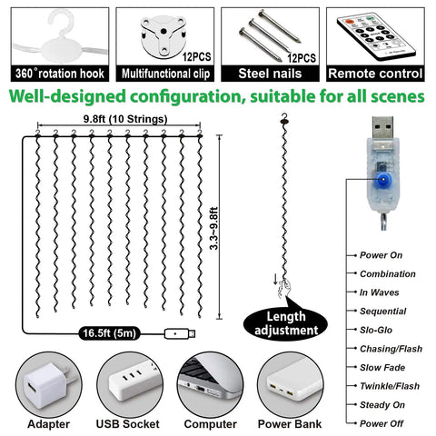 Diagram showing components and features for 300 LED Curtain Fairy Lights With Remote 8 Modes USB Plug In Twinkle Silver Wire 9.8x9.8 ft.