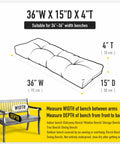 Diagram of 36"x15"x4" cushion suitable for 34"-36" benches, showing measurements for indoor and outdoor use.