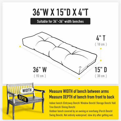 Diagram of 36"x15"x4" cushion suitable for 34"-36" benches, showing measurements for indoor and outdoor use.