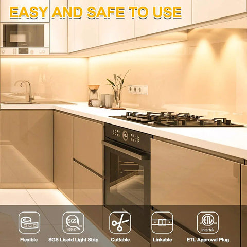 Motion Activated LED Light Strip 16.4ft With Day Or Night Modes installed under kitchen cabinets showcasing warm white glow.