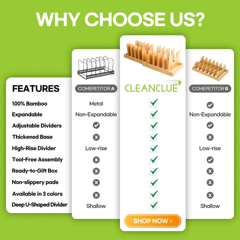 Comparison chart showing expandable bamboo pots and pans organizer under cabinet with adjustable lids rack and competitors.