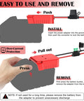 Diagram showing installation and removal of Two Pack 18V Battery Adapters For M18 Compatible with built-in switch and fuse.