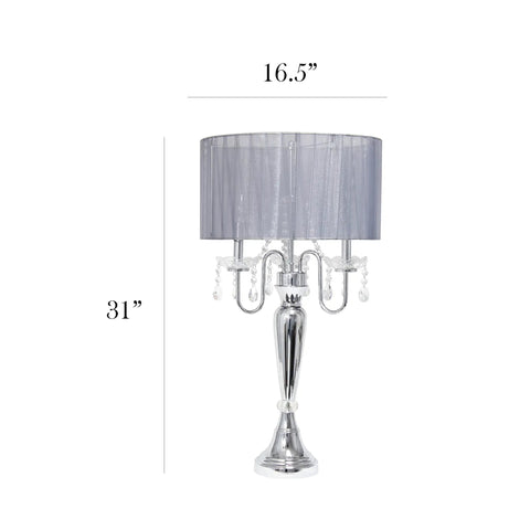Romantic Sheer Shade Hanging Crystals Table Lamp For Cozy Glam Vibe Crystal Draping Chrome Finish 31 Inch Tall Gray