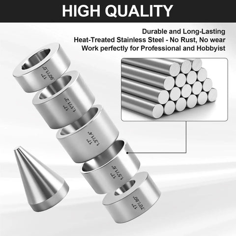 17 Degree Folding Reduction Die Set 5 Piece Pro Grade Heavy Duty Stainless Steel Stabilizer Folding Cone Dies With Size And Degree Markings For Metal Jewelry Crafting And Coin Making Tool with stainless steel rods.