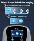 Touch screen interface of Top Tier Level 2 Electric Vehicle Charger for Tesla and all J1772 models with current adjustments.