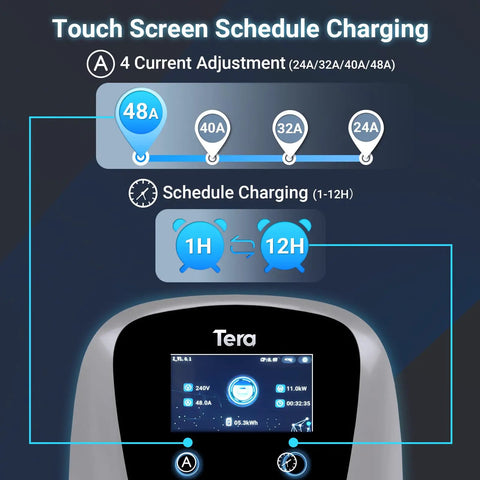 Touch screen interface of Top Tier Level 2 Electric Vehicle Charger for Tesla and all J1772 models with current adjustments.