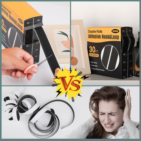 Heavy Duty Nylon Hook And Loop Strips With Adhesive 30 Ft Each, Double Rolls for easy use and quick mounting, black