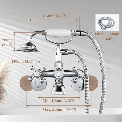 Retro Vibe Clawfoot Tub Faucet And Shower Kit, Chrome Wall Mount With Hand Shower, G1 2 Inlet, Brass Double Cross Handles