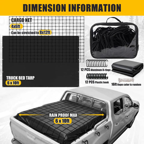 Truck Bed Cargo Net Kit With Stretchable 4x6 to 8x12 Net and Removable Waterproof Tarp Cover showcased on pickup truck