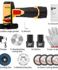 Cordless Mini Angle Grinder Tool With 19500 RPM Power, 76mm Cutting Disc, Dual Battery Pack, accessories, and gloves