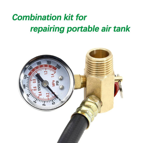 The Real Deal Air Hose Replacement Kit With Brass Manifold Valve And 0 200 Psi Pressure Gauge For Air Compressor Tank Servicing Setup includes a brass gauge.
