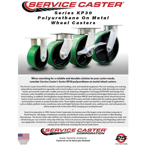 Heavy Duty Swivel Caster With 4 Inch Green Polyurethane Wheel On Cast Iron Hub And Flat Top Plate Mount Including Side Lock Brake For Tough Shop Floor Hauling, showcasing three wheels.