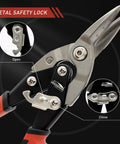 Close-up of Aviation Tin Snips 10 Inch Heavy Duty Straight Cut Metal Cutter with CRMO Steel Blades and safety lock.