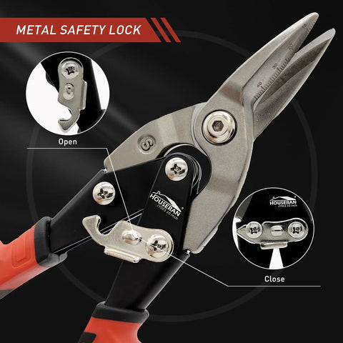 Close-up of Aviation Tin Snips 10 Inch Heavy Duty Straight Cut Metal Cutter with CRMO Steel Blades and safety lock.