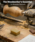 Woodworker using Straight Up Pure Carnauba Wax Bar for Wood Finishing on lathed wood piece, highlighting smooth finishing.