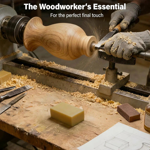 Woodworker using Straight Up Pure Carnauba Wax Bar for Wood Finishing on lathed wood piece, highlighting smooth finishing.