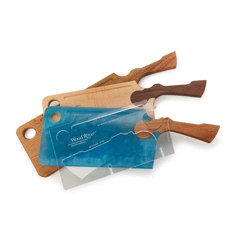 Top Shelf Cleaver Style Cutting Board Router Template, Heavy Duty Clear Acrylic Charcuterie Jig For Serious Woodworkers showing transparent template and wooden boards.