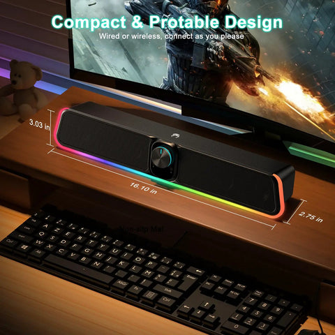 Wired USB Powered Bluetooth Computer Sound Bar With RGB Lighting And Volume Knob HiFi Stereo Bangin Portable Gaming Speaker setup