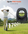Golfer using Golf Rangefinder With Slope And Pin Lock, 1700 Yard Laser Range Finder, USB-C, LCD showing distance, 7X magnification