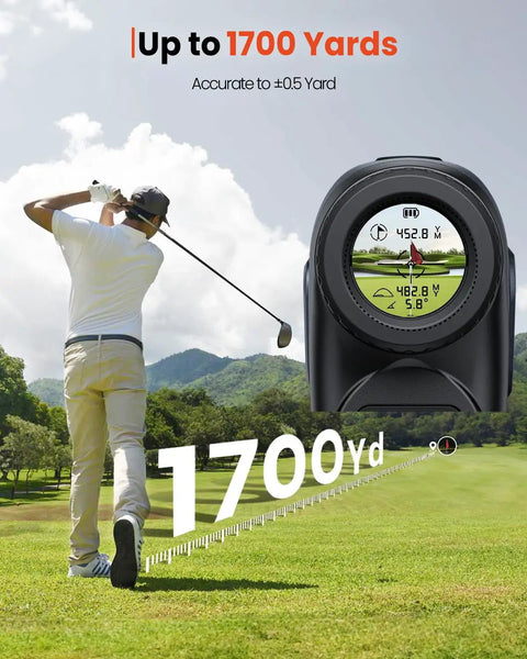 Golfer using Golf Rangefinder With Slope And Pin Lock, 1700 Yard Laser Range Finder, USB-C, LCD showing distance, 7X magnification