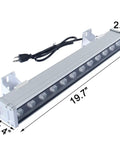 36W RGB Wall Washer Light IP65 Waterproof Outdoor LED Strip with dimensions, plug, and mounting brackets shown