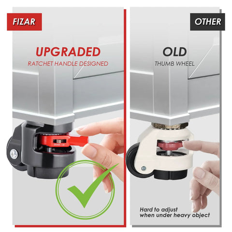 FIZAR 4-pack heavy-duty leveling casters with upgraded red ratchet handle in black for workbenches and machines.