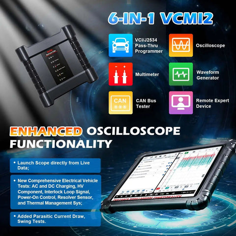 Heavy Duty OBD2 Diagnostic Scanner For Autos Featuring Seamless Bidirectional Controls Ecu Flashing And Full Topology Mapping showing 6-in-1 VCMI2 interface.